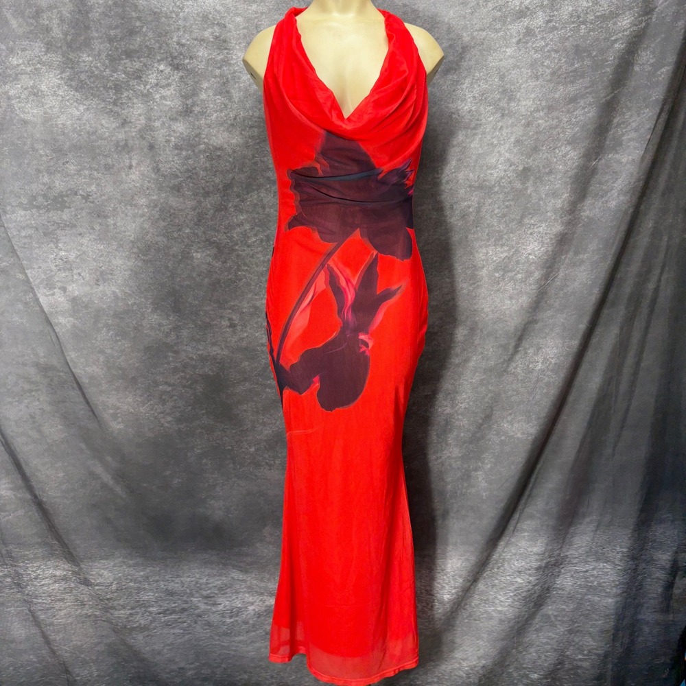 Princess Polly Bittersuite Cowl Maxi Dress Size 4 Red Mesh Halter Bodycon Y2K